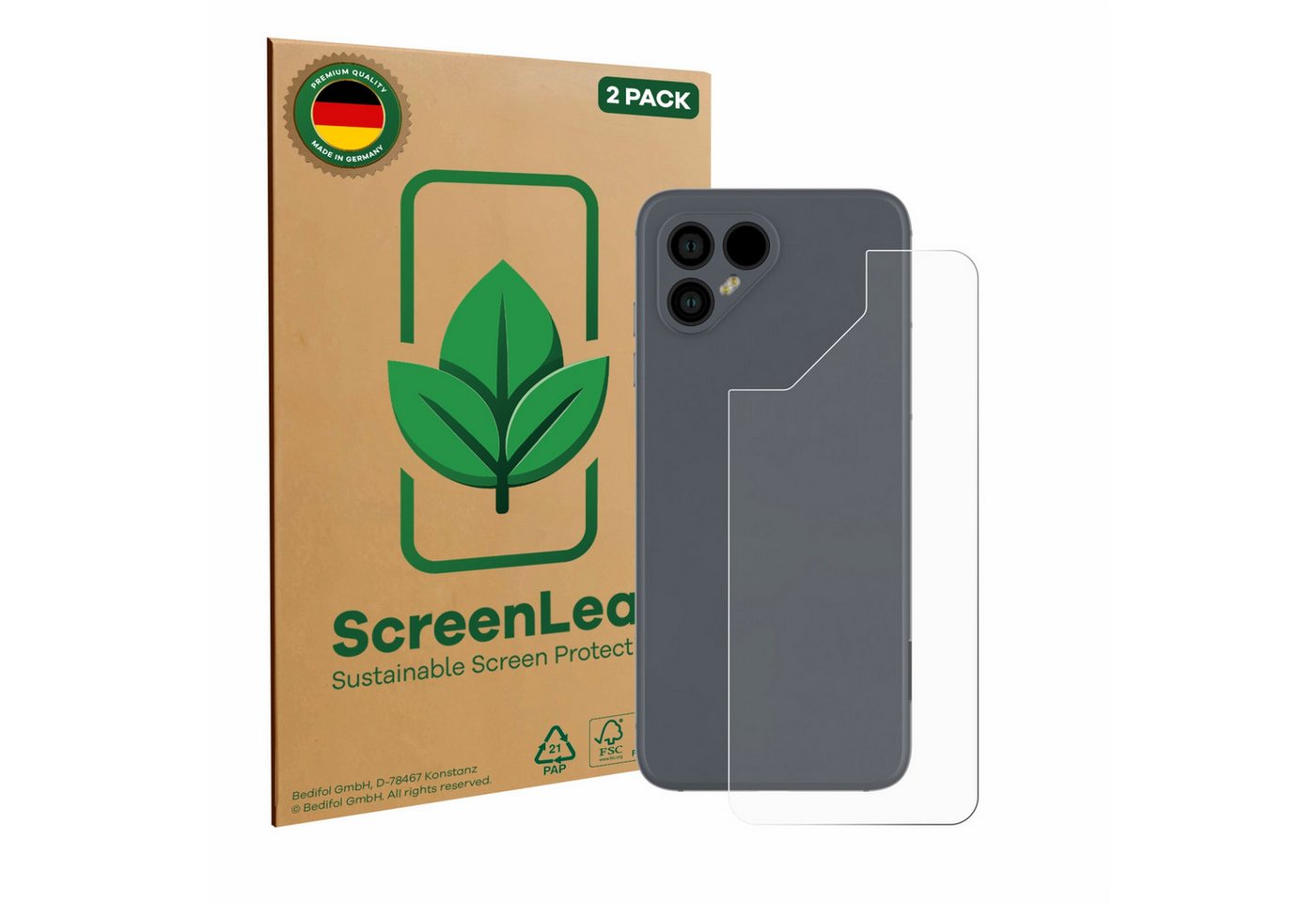 ScreenLeaf Displayschutzfolie Schutzfolie für Fairphone 4 (Rückseite), 2 Stück, nachhaltiger Displayschutz Schutz Folie Klar Transparent von ScreenLeaf