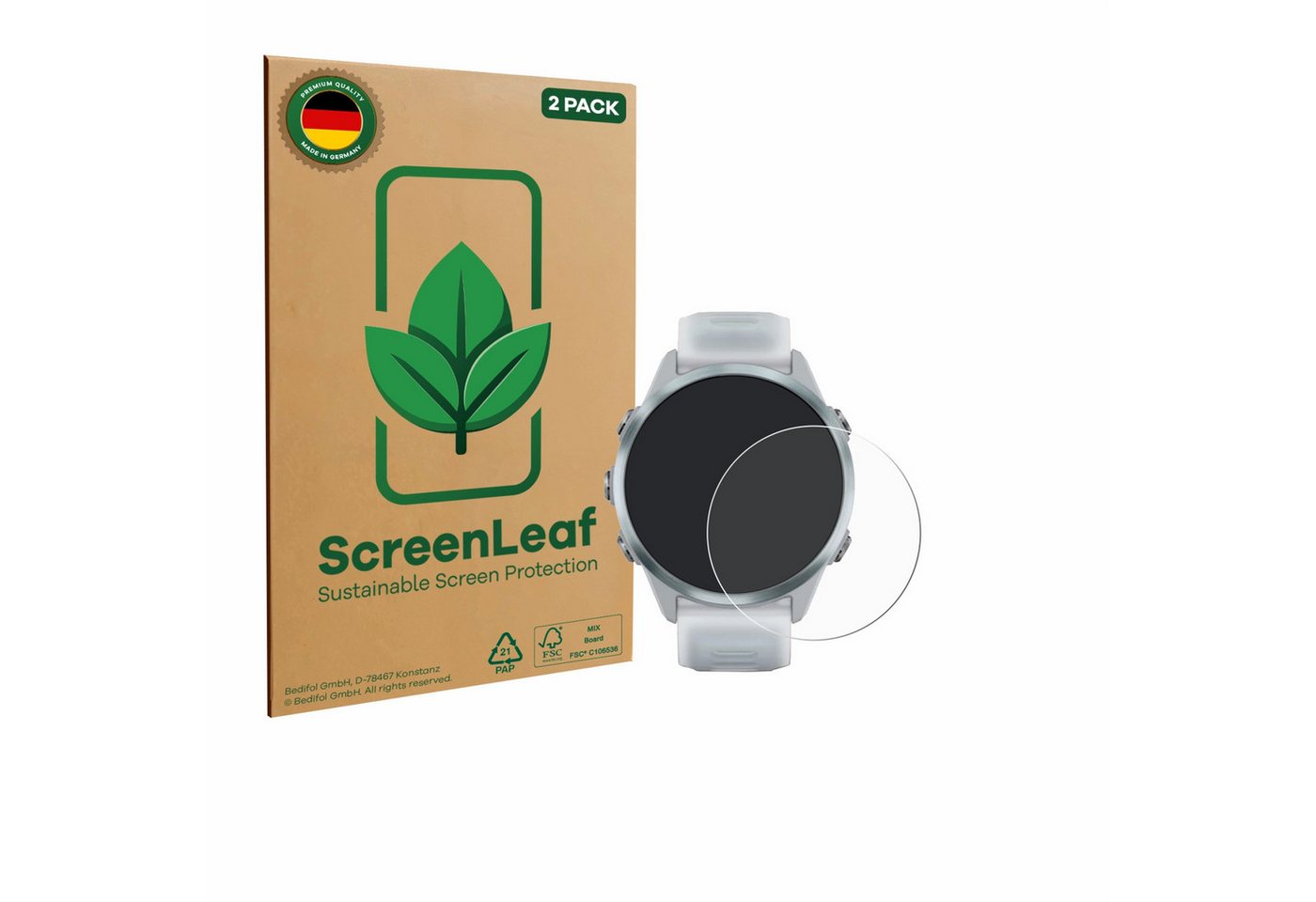 ScreenLeaf Displayschutzfolie Schutzfolie für Garmin Forerunner 570 (42 mm), 2 Stück, nachhaltiger Displayschutz Schutz Folie Klar Transparent von ScreenLeaf
