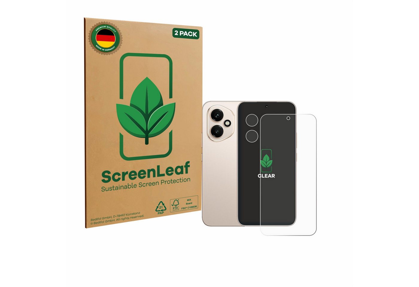 ScreenLeaf Displayschutzfolie Schutzfolie für Honor 400 (Display+Kamera), 2 Stück, 2 Stück, nachhaltiger Displayschutz Schutz Folie Klar Transparent von ScreenLeaf