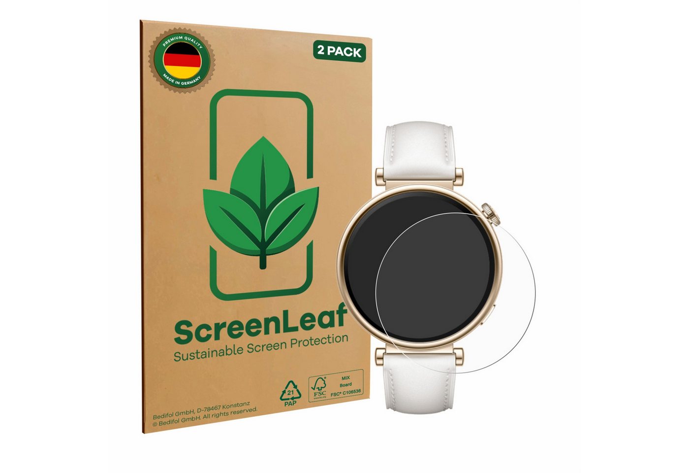 ScreenLeaf Displayschutzfolie Schutzfolie für Huawei Watch GT 4 (41mm), 2 Stück, nachhaltiger Displayschutz Schutz Folie Klar Transparent von ScreenLeaf