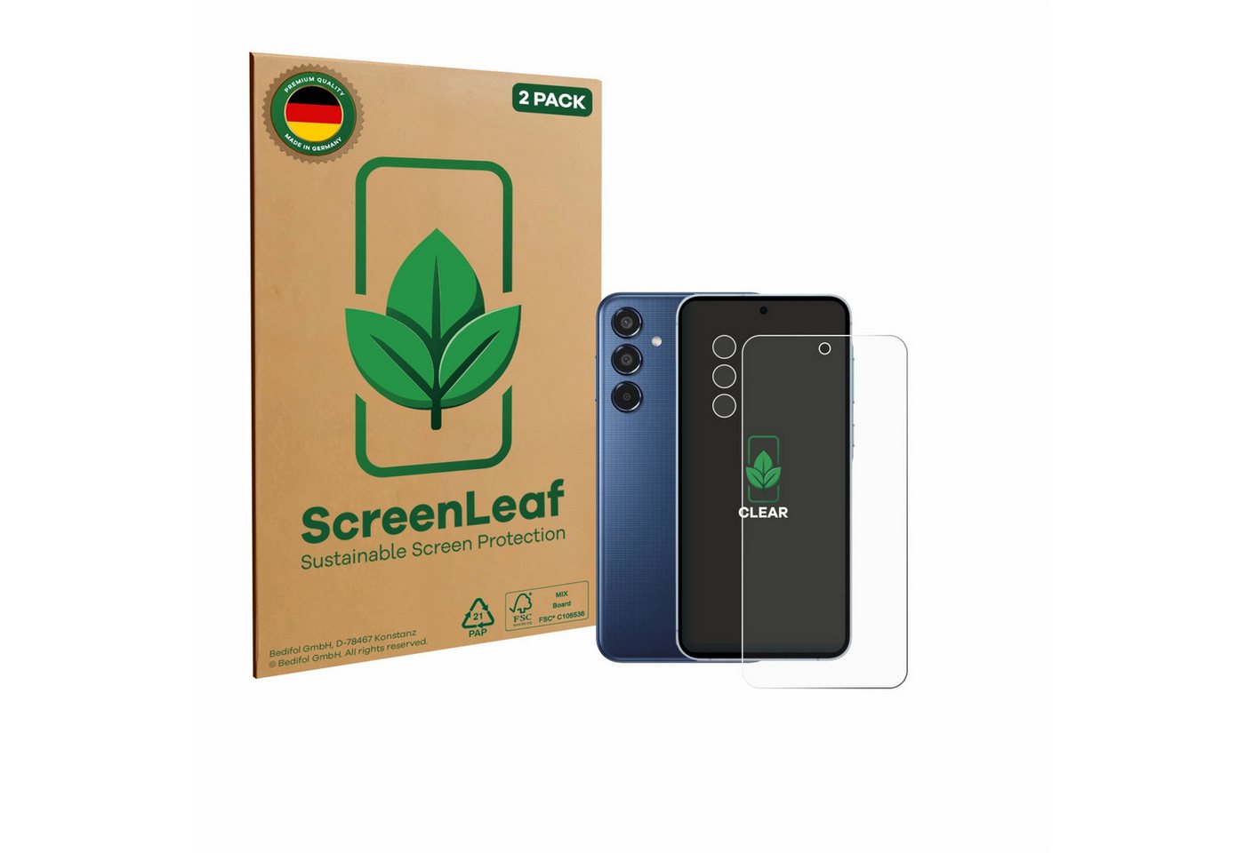 ScreenLeaf Displayschutzfolie Schutzfolie für Samsung Galaxy M35 (Display+Kamera), 2 Stück, nachhaltiger Displayschutz Schutz Folie Klar Transparent von ScreenLeaf