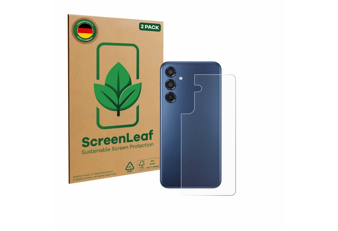 ScreenLeaf Displayschutzfolie Schutzfolie für Samsung Galaxy M35 (Rückseite), 2 Stück, nachhaltiger Displayschutz Schutz Folie Klar Transparent von ScreenLeaf