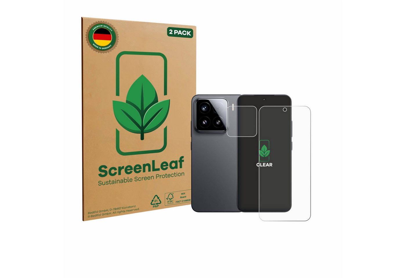 ScreenLeaf Displayschutzfolie Schutzfolie für Xiaomi 15 (Display+Kamera), 2 Stück, 2 Stück, nachhaltiger Displayschutz Schutz Folie Klar Transparent von ScreenLeaf