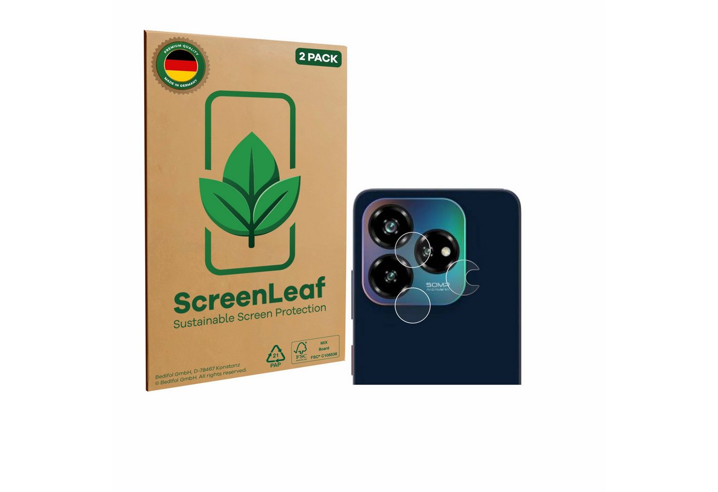ScreenLeaf Displayschutzfolie Schutzfolie für ZTE Blade V60 Vita (NUR Kameraschutz), 2 Stück, nachhaltiger Displayschutz Schutz Folie Klar Transparent von ScreenLeaf