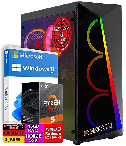 ScreenOn Gaming PC Ryzen 5 5600G • Radeon RX 6500XT (4 GB) Grafikkarte • 16 GB RAM DDR4 3200 MHz • 1000 GB m.2 • Windows 11 Pro • WLAN 300 MBit/s • Gaming PC Computer mit 3 Jahren Garantie! von ScreenOn
