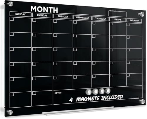 Magnetischer Glas-Whiteboard-Kalender, Planer, Whiteboard, trocken abwischbar, für Wand, monatliches Glas, Whiteboard, Homeoffice, große Wand, 61 x 91,4 cm, Schwarz von Scribbledo