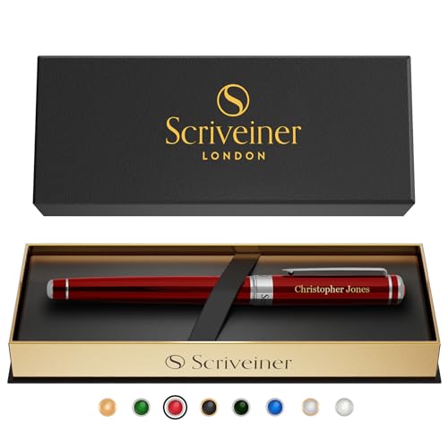 Scriveiner Deep Crimson Personalisierter Stift - Atemberaubender Roter Lack Luxus Tintenroller Mit Chrom-Finish, Schmidt Tinte, Bestes Graviertes Tintenroller Geschenkset, Custom Name Gravur von Scriveiner