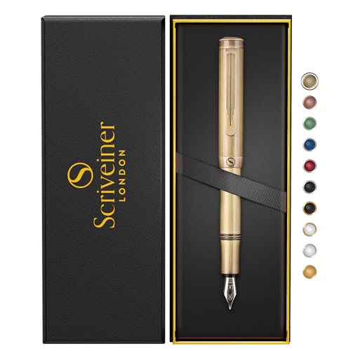 Scriveiner Luxus EDC Füllfederhalter (fein), schwerer Messing-Taschenfüller, Handgebürstetes Finish, deutsche Schmidt Minte Konverter, beste Geschenk-Set für Mann Frau, schicker Designerstift von Scriveiner