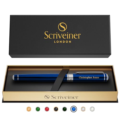 Scriveiner Midnight Blue Personalisierter Stift - Atemberaubender Blauer Lack Luxus Tintenroller, Chrom-Finish, Schmidt Tinte, Bestes Graviertes Tintenroller Geschenkset, Custom Name Gravur von Scriveiner