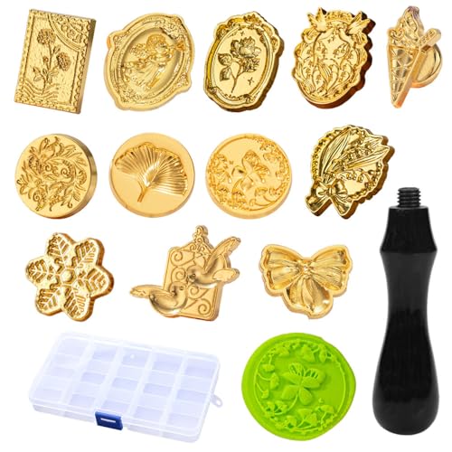 Sctmda Wachssiegel Stempel Köpfe 12 Stück Siegelstempel Vintage Wachs Stempel Set Wachsstempel Köpfe mit 1 Stempelgriff Wachs Siegel Stempel Kit Heteromorph Siegelstempel für Umschlag Hochzeit von Sctmda