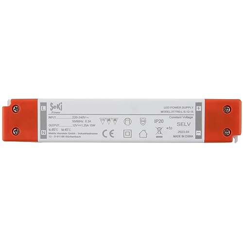 SeKi 12V DC 15W 1,25A Konstantspannungs LED Treiber flache Bauform/Slim; Netzteil, Transformator, Schaltnetzteil; keine Mindestlast, kein Rauschen/LED-Flimmern, MM Zulassung von SeKi