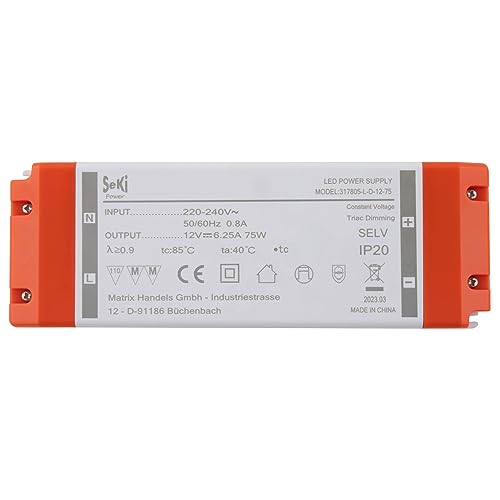 SeKi 12V DC 75W 6,25A Konstantspannungs LED Treiber TRIAC Dimmbar, Transformator, Schaltnetzteil; keine Mindestlast, kein Rauschen/LED-Flimmern, MM Zulassung von SeKi