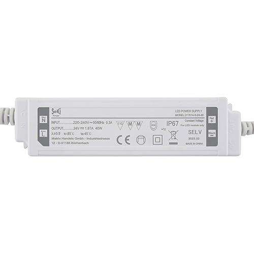 SeKi 24V DC 40W 1,67A Konstantspannungs LED Treiber; IP67 wassergeschützt Trafo, Netzteil, Transformator, Schaltnetzteil; keine Mindestlast, kein Rauschen/LED-Flimmern, MM Zulassung von SeKi