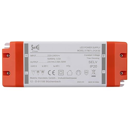 SeKi 24V DC 50W 2,08A Konstantspannungs LED Treiber TRIAC Dimmbar, Transformator, Schaltnetzteil; keine Mindestlast, kein Rauschen/LED-Flimmern, MM Zulassung von SeKi