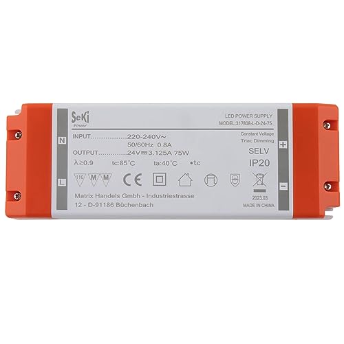 SeKi 24V DC 75W 3,12A Konstantspannungs LED Treiber TRIAC Dimmbar, Transformator, Schaltnetzteil; keine Mindestlast, kein Rauschen/LED-Flimmern, MM Zulassung von SeKi