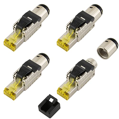 SeKi 4x Werkzeugfreier RJ45 Netzwerkstecker CAT 8.1 im Metallgehäuse passend für Verlegekabel und Patchkabel; Feldkonfektionierbar LAN Stecker für Netzwerkkabel kompatibel mit CAT5, CAT7, CAT6a, DSL von SeKi