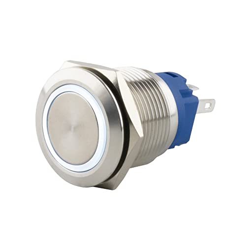 SeKi Edelstahl Druckschalter Ø16mm rastend flacher Kopfform farbig beleuchtetem LED Ring in weiss Lötösen/Flachstecker 0,5x2,8 Anschluss von SeKi