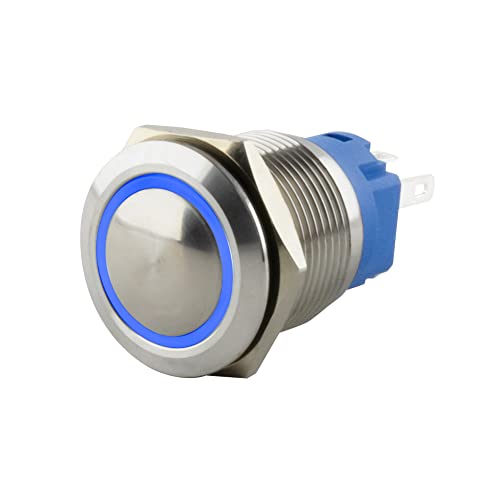 SeKi Edelstahl Druckschalter Ø19mm rastend gewölbter Kopfform farbig beleuchtetem LED Ring in blau Lötösen/Flachstecker 0,5x2,8 Anschluss von SeKi