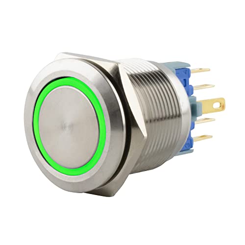 SeKi Edelstahl Druckschalter Ø22mm rastend flacher Kopfform farbig beleuchtetem LED Ring in grün Lötösen/Flachstecker 0,5x2,8 Anschluss SeKi Edelstahl Druckschalter Ø22mm rastend flacher Kopfform farbig beleuchtetem LED Ring in grün Lötösen/Flachstecker 0,5x2,8 Anschluss von SeKi