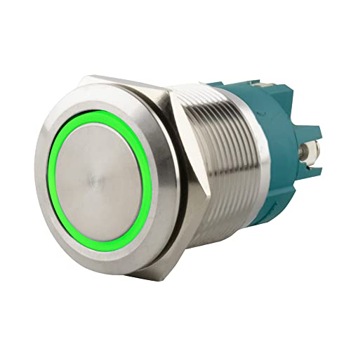 SeKi Edelstahl Druckschalter Ø22mm rastend flacher Kopfform farbig beleuchtetem LED Ring in grün Schraubanschluss von SeKi