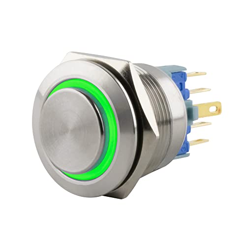 SeKi Edelstahl Druckschalter Ø22mm rastend hervorstehender Kopfform farbig beleuchtetem LED Ring in grün Lötösen/Flachstecker 0,5x2,8 Anschluss von SeKi