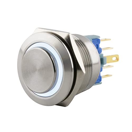 SeKi Edelstahl Druckschalter Ø22mm rastend hervorstehender Kopfform farbig beleuchtetem LED Ring in weiss Lötösen/Flachstecker 0,5x2,8 Anschluss von SeKi
