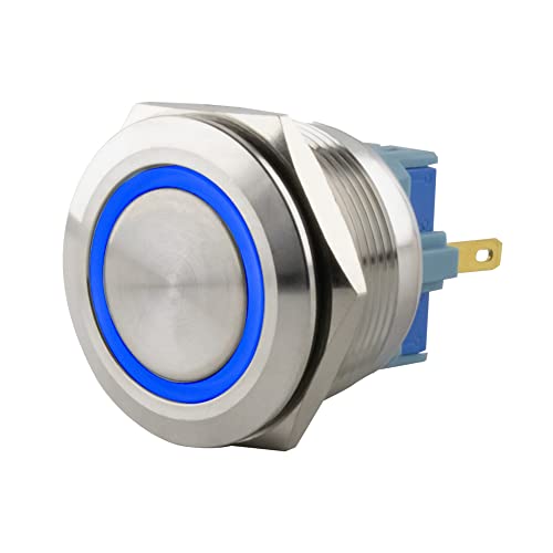 SeKi Edelstahl Druckschalter Ø25mm rastend flacher Kopfform farbig beleuchtetem LED Ring in blau Lötösen/Flachstecker 0,5x2,8 Anschluss von SeKi