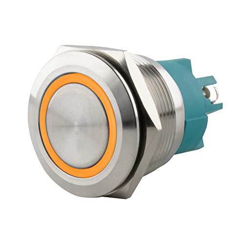 SeKi Edelstahl Druckschalter Ø25mm rastend flacher Kopfform farbig beleuchtetem LED Ring in gelb Schraubanschluss von SeKi