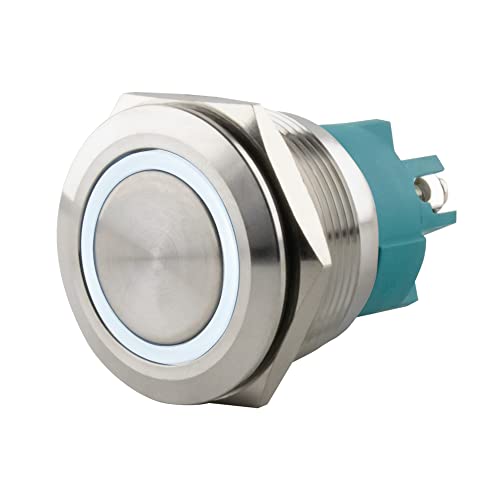 SeKi Edelstahl Druckschalter Ø25mm rastend flacher Kopfform farbig beleuchtetem LED Ring in weiss Schraubanschluss von SeKi