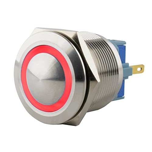 SeKi Edelstahl Druckschalter Ø25mm rastend gewölbter Kopfform farbig beleuchtetem LED Ring in rot Lötösen/Flachstecker 0,5x2,8 Anschluss von SeKi
