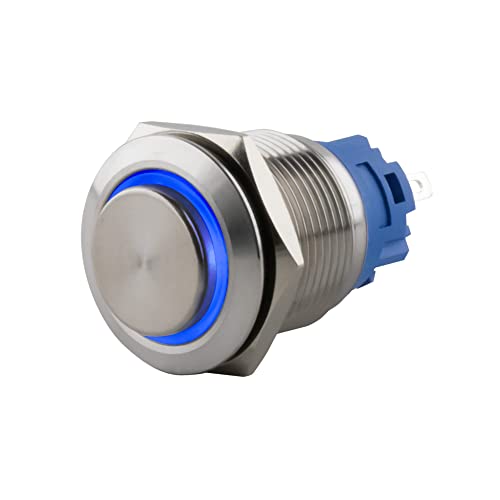 SeKi Edelstahl Drucktaster Ø16mm tastend hervorstehender Kopfform farbig beleuchtetem LED Ring in blau Lötösen / Flachstecker 0,5x2,8 Anschluss; Klingeltaster von SeKi