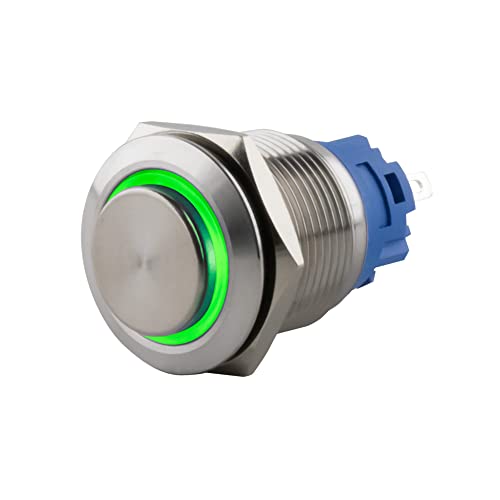 SeKi Edelstahl Drucktaster Ø16mm tastend hervorstehender Kopfform farbig beleuchtetem LED Ring in grün Lötösen / Flachstecker 0,5x2,8 Anschluss; Klingeltaster von SeKi