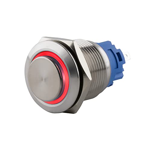 SeKi Edelstahl Drucktaster Ø16mm tastend hervorstehender Kopfform farbig beleuchtetem LED Ring in rot Lötösen / Flachstecker 0,5x2,8 Anschluss; Klingeltaster von SeKi