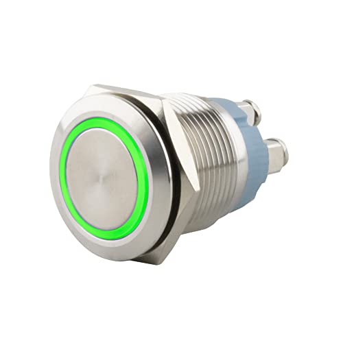SeKi Edelstahl Drucktaster Ø19mm tastend flacher Kopfform farbig beleuchtetem LED Ring in grün Schraubanschluss; Klingeltaster von SeKi
