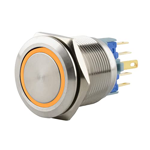 SeKi Edelstahl Drucktaster Ø22mm tastend flacher Kopfform farbig beleuchtetem LED Ring in gelb Lötösen / Flachstecker 0,5x2,8 Anschluss; Klingeltaster von SeKi