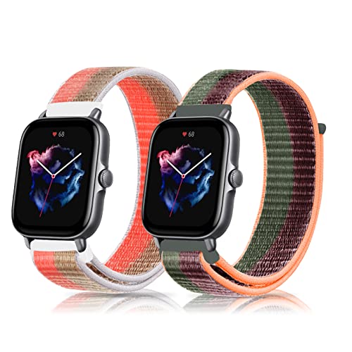 SeNool 20mm Armband für Amazfit GTR Mini/Amazfit GTS 4/GTS 4 Mini/GTS 3/GTS 2e/GTS 2 Mini, [2 Stück] Nylon Uhrenarmbänder Ersatzarmband Armbänder Klettarmband für Amazfit GTS 2 - Rosa Grau + Grün Rot von SeNool