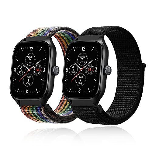 SeNool 20mm Armband für Amazfit GTR Mini/Amazfit GTS 4/GTS 4 Mini/GTS 3/GTS 2e/GTS 2 Mini, [2 Stück] Nylon Uhrenarmbänder Ersatzarmband Armbänder Klettarmband für Amazfit GTS 2 - Schwarz+Regenbogen von SeNool