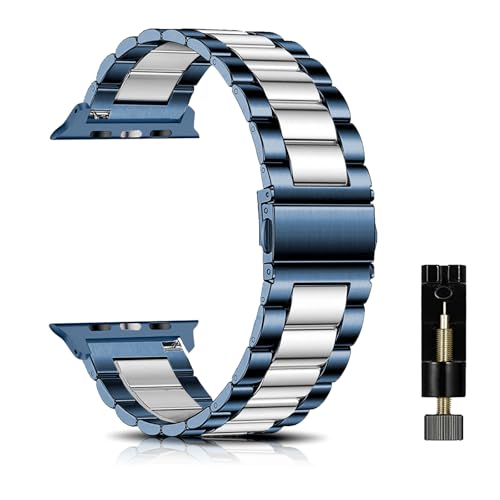 SeNool Armband für Apple Watch 38mm 40mm 41mm 42mm Series 10/9/8/7/6/5/4/3/2/1, [Metall Ersatzarmband] [Hohe Qualität Edelstahl] [Korrosionsbeständig], Uhrenarmband für iWatch SE/SE 2 - Blau Silber von SeNool