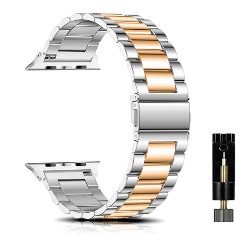 SeNool Armband für Apple Watch 38mm 40mm 41mm 42mm Series 10/9/8/7/6/5/4/3/2/1, [Metall Ersatzarmband] [Hohe Qualität Edelstahl] [Korrosionsbeständig], Uhrenarmband für iWatch SE/SE 2-Silber Roségold von SeNool