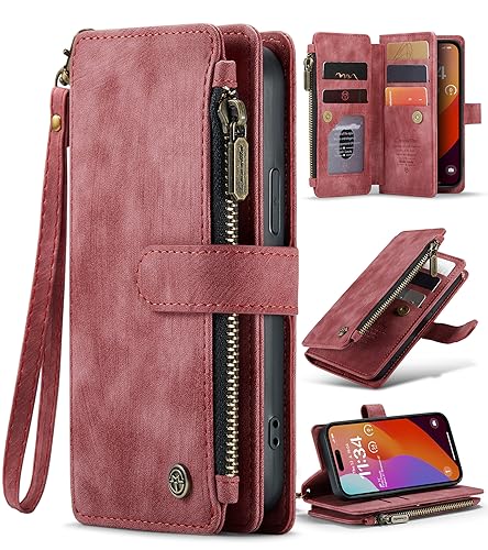SeNool Hülle für iPhone 15 Pro, Klapphülle Handyhülle mit [Kartenfächer] [Ständer Funktion] [Magnetverschluss], Schutzhülle für iPhone 15 Pro - Rot von SeNool
