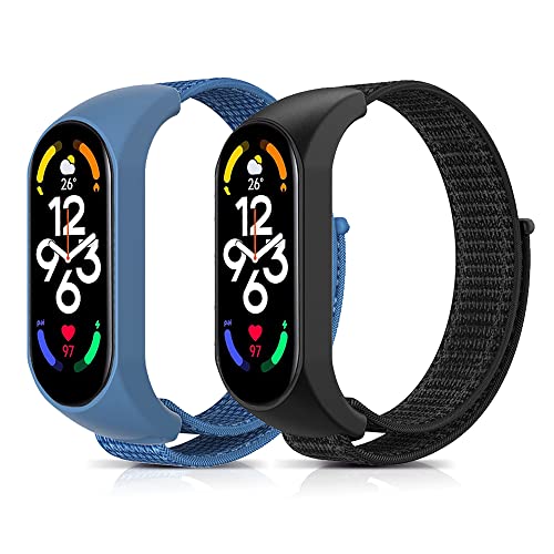 SeNool Nylon Armband Kompatibel mit Xiaomi Smart Band 7, [2 Stück] [Nylon Ersatzarmband] [Klettarmband] [Weiches, Atmungsaktives], Uhrenarmband für Xiaomi Mi Band 7/6/5 - Blau+ Schwarz von SeNool