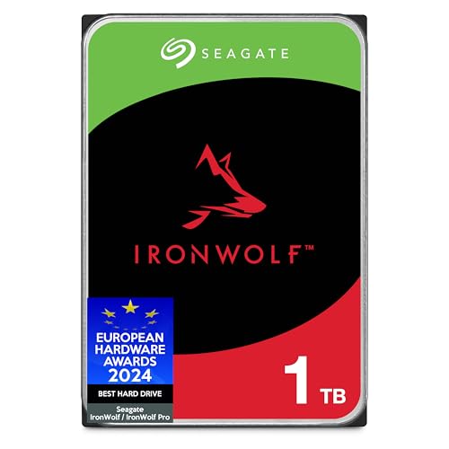 Seagate IronWolf, 1 TB interne Festplatte, NAS HDD, 3.5 Zoll, 5400 U/Min, CMR, 64 MB Cache, SATA 6 GB/s, silber, FFP, inkl. 3 Jahre Rescue Service, Modellnr.: ST1000VNZ08 von Seagate