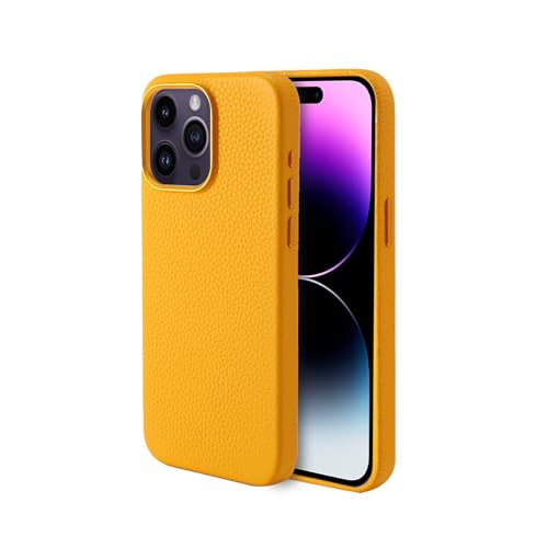 Seagtigau Genuine Leather case for iPhone 15 Pro (6.3 inch), Litchi Real Leather case with Soft Fiber Lining, Compatible with Magsafe (Gelb, 15 Pro) von Seagtigau