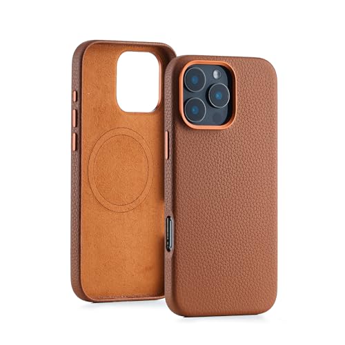 Seagtigau Genuine Leather case for iPhone 16 Pro (6.3 inch), Litchi Real Leather case with Soft Fiber Lining, Compatible with Magsafe von Seagtigau