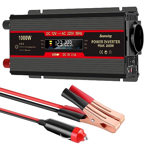 Seamuing 2000W Wechselrichter DC 12V auf AC 230V Spannungswandler 1 AC Steckdose & 2 USB Port Stromwandler mit Alligatorclip Zigarettenanzünder Stecker Power Inverter für Auto KFZ Wohnwagen LKW von Seamuing