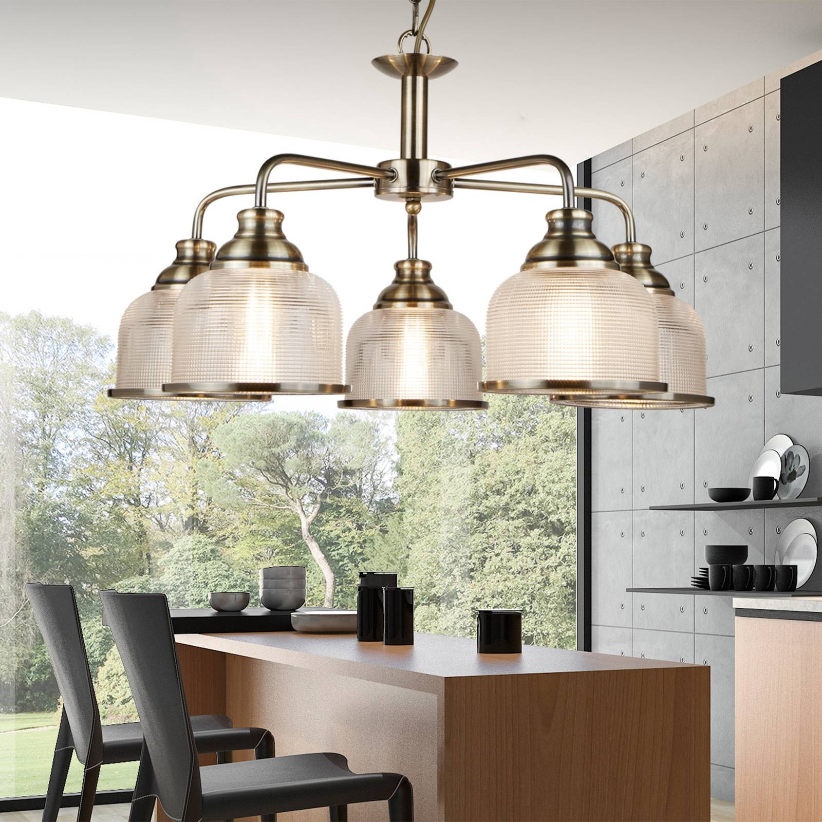 Pendelleuchte Bistro II 5-flg. messing/Riffelglas Pendelleuchte Bistro II 5-flg. messing/Riffelglas von Searchlight