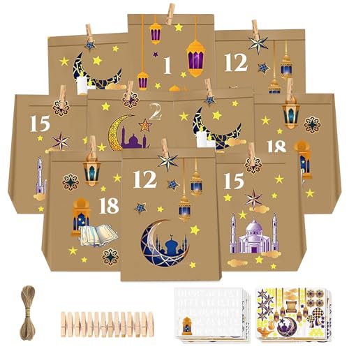 30 Stücke Eid Mubarak Geschenktüten, Ramadan Kalender zum Befüllen Bedruckte Kraftpapiertüten, DIY Ramadan Candy Tasche für Islamischen Muslim Eid Party mit 36 Clips, Aufkleber, 2mm * 10m Schnur (A) von Seasboes