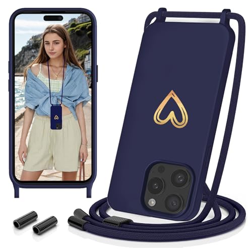 Sebor Handykette Hülle für iPhone 15 Pro Handyhülle mit Band, Gold Liebesherz Necklace Kette Schutzhülle Silikon Stoßfest mit Abnehmbar Kordel zum Umhängen für iPhone 15 Pro 6,1", Dunkelblau Sebor Handykette Hülle für iPhone 15 Pro Handyhülle mit Band, Gold Liebesherz Necklace Kette Schutzhülle Silikon Stoßfest mit Abnehmbar Kordel zum Umhängen für iPhone 15 Pro 6,1", Dunkelblau von Sebor