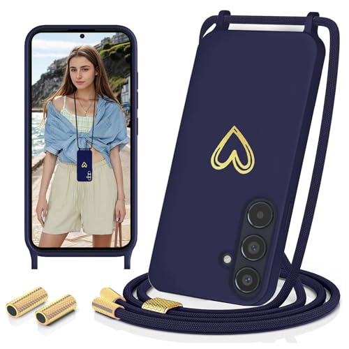 Sebor Handykette für Samsung Galaxy A54 5G Hülle mit Band, Silikon Handyhülle mit Kette Gold Herz Muster Necklace Schutzhülle Stoßfest mit Abnehmbar Kordel zum Umhängen für Samsung A54 5G, Dunkelblau Sebor Handykette für Samsung Galaxy A54 5G Hülle mit Band, Silikon Handyhülle mit Kette Gold Herz Muster Necklace Schutzhülle Stoßfest mit Abnehmbar Kordel zum Umhängen für Samsung A54 5G, Dunkelblau von Sebor