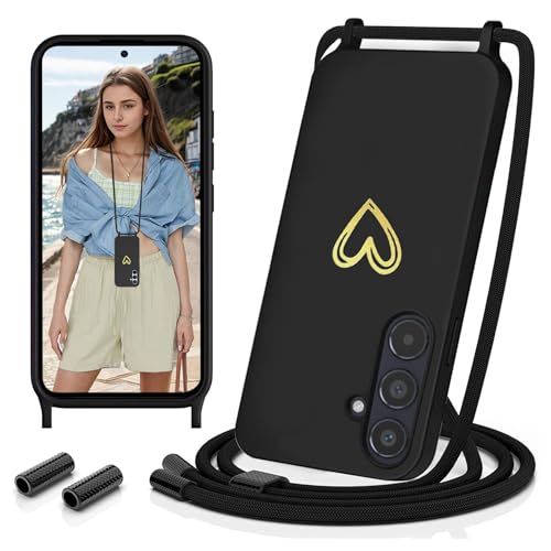 Sebor Handykette für Samsung Galaxy A55 Hülle mit Band, Samsung A55 5G Handyhülle mit Kette Gold Herz Muster Necklace Silikon Schutzhülle Stoßfest mit Abnehmbar Kordel zum Umhängen, Schwarz Sebor Handykette für Samsung Galaxy A55 Hülle mit Band, Samsung A55 5G Handyhülle mit Kette Gold Herz Muster Necklace Silikon Schutzhülle Stoßfest mit Abnehmbar Kordel zum Umhängen, Schwarz von Sebor